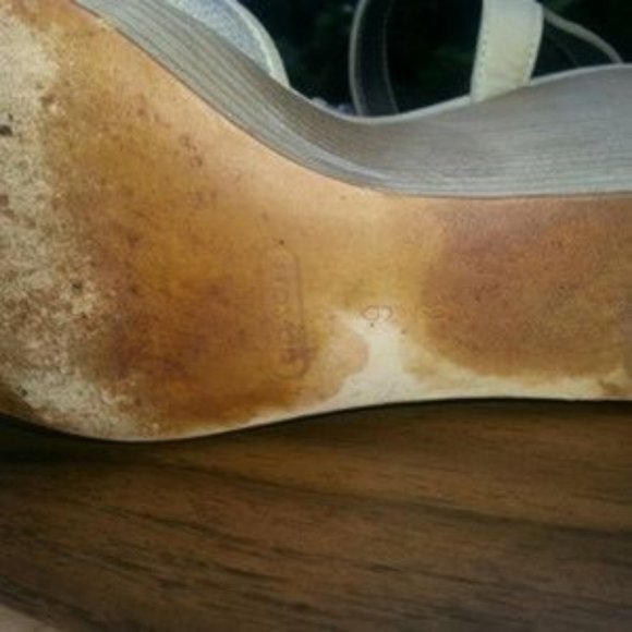 Coach Tan Leather Embellished Linen Stacked Platform Wedge Ankle Strap Shoes - Picture 14 of 14